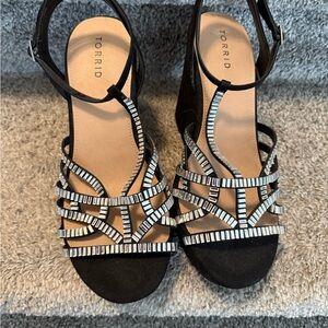 Torrid Black and Silver Strappy Wedges